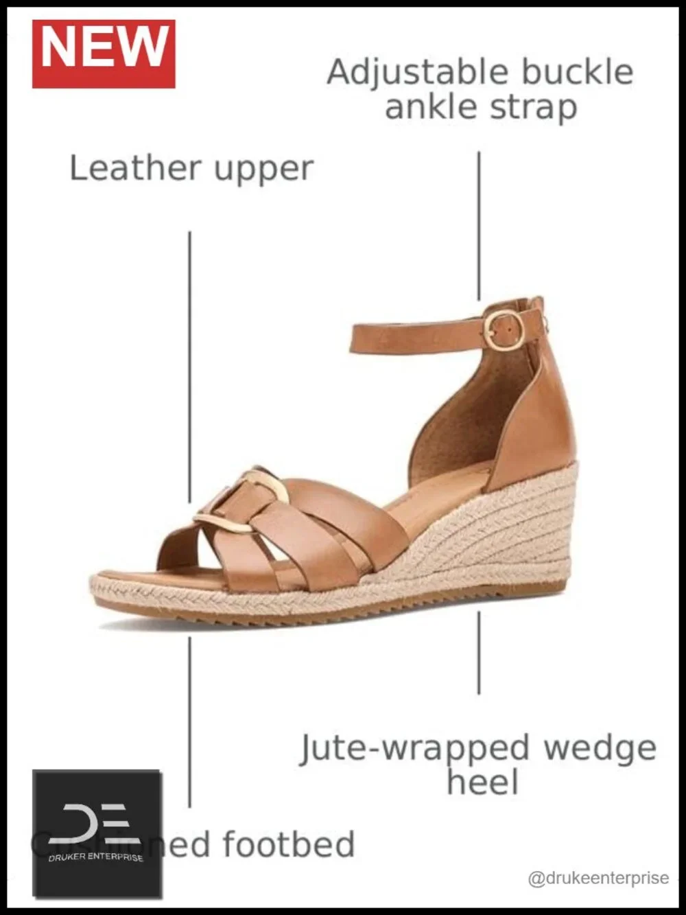 Leather Wedge Sandals with Ankle Strap - Women's Casual Open Toe